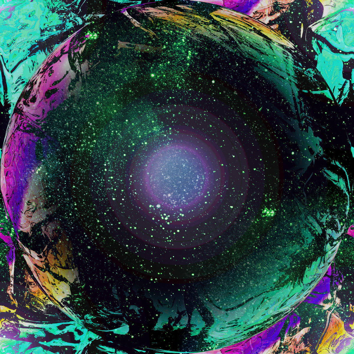 a glowing spherical anomaly in outer space surrounded by opalescent oil sworls.