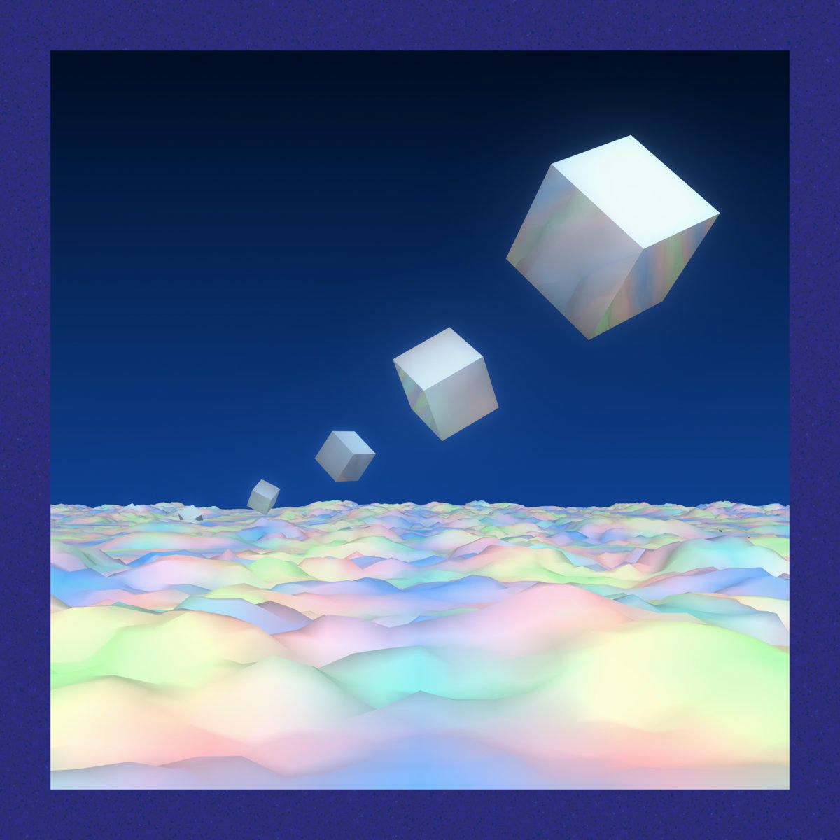 silver metal cubes floating over pastel multicolored clouds in a low poly style. the sky is deep blue and a dark indigo square borders the image.
